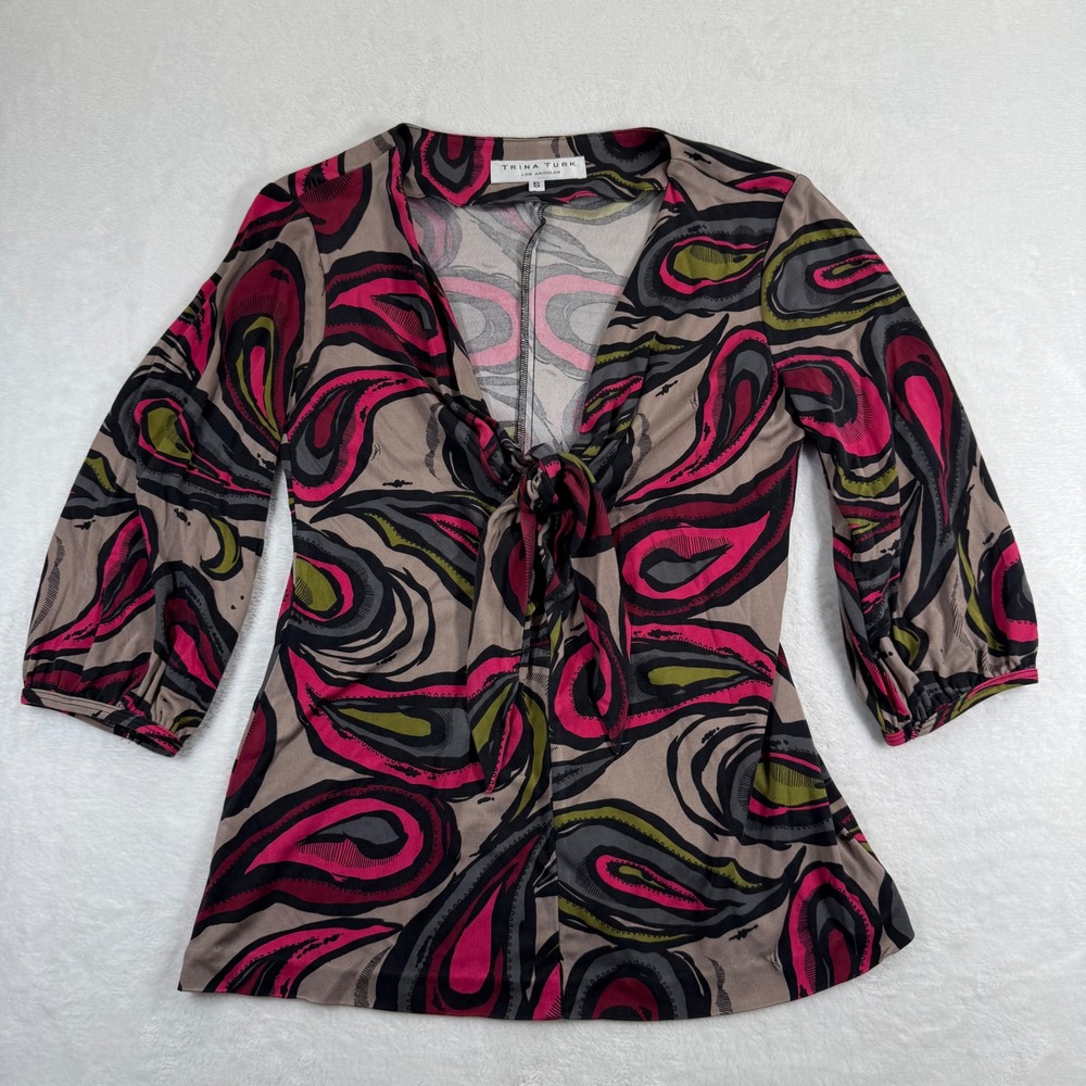 Trina Turk Silk Tie Front Blouse Abstract Paisley Pink Black 287301 Size S